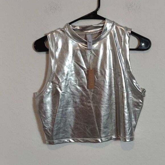 Skims Swim Set Womens 3X Shine Mock Neck Tank and Bottom Silver - Picture 1 of 12